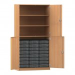 Flexeo Schrank, 24 kleine Boxen, 3 Fächer, 4 Halbtüren Buche dunkel mit Boxen transparent (Zoom)