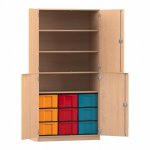 Flexeo Schrank, 9 große Boxen, 4 Fächer, 4 Halbtüren Buche hell mit Boxen bunt (Zoom)
