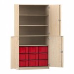 Flexeo Schrank, 9 große Boxen, 4 Fächer, 4 Halbtüren Ahorn honig mit Boxen rot (Zoom)
