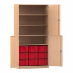 Flexeo Halbtürenschrank mit 9 großen Boxen und 4 Halbtüren Buche hell mit Boxen rot (Zoom)