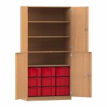 Flexeo Halbtürenschrank mit 9 großen Boxen und 4 Halbtüren Buche dunkel mit Boxen rot (Zoom)
