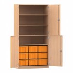 Flexeo Schrank, 9 große Boxen, 4 Fächer, 4 Halbtüren Buche hell mit Boxen gelb (Zoom)