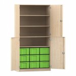 Flexeo Schrank, 9 große Boxen, 4 Fächer, 4 Halbtüren Ahorn honig mit Boxen grün (Zoom)