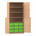 Flexeo Schrank, 9 große Boxen, 4 Fächer, 4 Halbtüren Buche hell mit Boxen grün (Zoom)