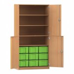 Flexeo Schrank, 9 große Boxen, 4 Fächer, 4 Halbtüren Buche dunkel mit Boxen grün (Zoom)