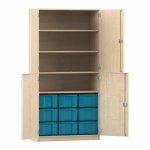 Flexeo Halbtürenschrank mit 9 großen Boxen und 4 Halbtüren Ahorn honig mit Boxen blau (Zoom)