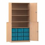Flexeo Schrank, 9 große Boxen, 4 Fächer, 4 Halbtüren Buche hell mit Boxen blau (Zoom)