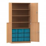 Flexeo Schrank, 9 große Boxen, 4 Fächer, 4 Halbtüren Buche dunkel mit Boxen blau (Zoom)
