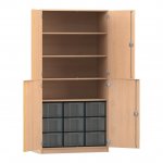 Flexeo Schrank, 9 große Boxen, 4 Fächer, 4 Halbtüren Buche hell mit Boxen transparent (Zoom)