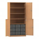 Flexeo Schrank, 9 große Boxen, 4 Fächer, 4 Halbtüren Buche dunkel mit Boxen transparent (Zoom)