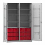 Flexeo Sportschrank, Gerätehaken, 4 Gitterkörbe, 12 große Boxen grau mit Boxen rot (Zoom)