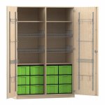 Flexeo Sportschrank, Gerätehaken, 4 Gitterkörbe, 12 große Boxen Ahorn honig mit Boxen grün (Zoom)