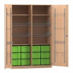 Flexeo Sportschrank, Gerätehaken, 4 Gitterkörbe, 12 große Boxen Buche hell mit Boxen grün (Zoom)