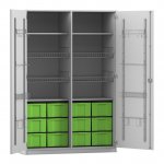 Flexeo Sportschrank, Gerätehaken, 4 Gitterkörbe, 12 große Boxen grau mit Boxen grün (Zoom)