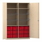 Flexeo Sportschrank, 4 Gitterkörbe, 12 große Boxen Ahorn honig mit Boxen rot (Zoom)