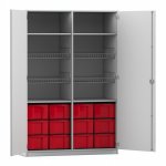 Flexeo Sportschrank, 4 Gitterkörbe, 12 große Boxen grau mit Boxen rot (Zoom)