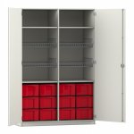 Flexeo Sportschrank, 4 Gitterkörbe, 12 große Boxen weiß mit Boxen rot (Zoom)