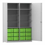 Flexeo Sportschrank, 4 Gitterkörbe, 12 große Boxen grau mit Boxen grün (Zoom)