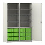 Flexeo Sportschrank, 4 Gitterkörbe, 12 große Boxen weiß mit Boxen grün (Zoom)