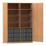 Flexeo Sportschrank, 4 Gitterkörbe, 12 große Boxen Buche dunkel mit Boxen transparent (Zoom)