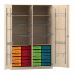 Flexeo Sportschrank, Gerätehaken, 4 Gitterkörbe, 24 kleine Boxen Ahorn honig mit Boxen bunt (Zoom)