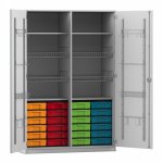 Flexeo Sportschrank, Gerätehaken, 4 Gitterkörbe, 24 kleine Boxen grau mit Boxen bunt (Zoom)