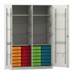 Flexeo Sportschrank, Gerätehaken, 4 Gitterkörbe, 24 kleine Boxen weiß mit Boxen bunt (Zoom)