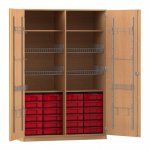 Flexeo Sportschrank, Gerätehaken, 4 Gitterkörbe, 24 kleine Boxen Buche dunkel mit Boxen rot (Zoom)