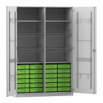 Flexeo Sportschrank, Gerätehaken, 4 Gitterkörbe, 24 kleine Boxen grau mit Boxen grün (Zoom)