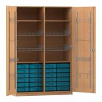 Flexeo Sportschrank, Gerätehaken, 4 Gitterkörbe, 24 kleine Boxen Buche dunkel mit Boxen blau (Zoom)