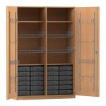 Flexeo Sportschrank, Gerätehaken, 4 Gitterkörbe, 24 kleine Boxen Buche dunkel mit Boxen transparent (Zoom)