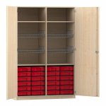 Flexeo Sportschrank, 4 Gitterkörbe, 24 kleinen Boxen Ahorn honig mit Boxen rot (Zoom)