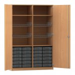 Flexeo Sportschrank, 4 Gitterkörbe, 24 kleinen Boxen Buche dunkel mit Boxen transparent (Zoom)