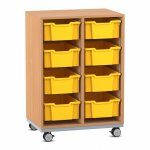 Flexeo Regal PRO, Stahlrahmen, 2 Reihen, 8 Boxen Buche dunkel mit Boxen gelb (Zoom)