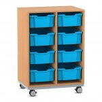 Flexeo Regal PRO, Stahlrahmen, 2 Reihen, 8 Boxen Buche dunkel mit Boxen hellblau (Zoom)