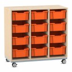 Flexeo Regal PRO, Stahlrahmen, 3 Reihen, 12 Boxen Ahorn honig mit Boxen orange (Zoom)