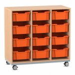 Flexeo Regal PRO, Stahlrahmen, 3 Reihen, 12 Boxen Buche hell mit Boxen orange (Zoom)