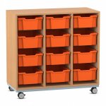 Flexeo Regal PRO, Stahlrahmen, 3 Reihen, 12 Boxen Buche dunkel mit Boxen orange (Zoom)