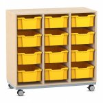 Flexeo Regal PRO, Stahlrahmen, 3 Reihen, 12 Boxen Ahorn honig mit Boxen gelb (Zoom)