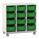 Flexeo Regal PRO, Stahlrahmen, 3 Reihen, 12 Boxen weiß mit Boxen dunkelgrün (Zoom)