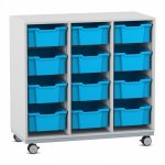 Flexeo Regal PRO, Stahlrahmen, 3 Reihen, 12 Boxen grau mit Boxen hellblau (Zoom)