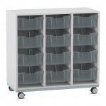 Flexeo Regal PRO, Stahlrahmen, 3 Reihen, 12 Boxen grau mit Boxen transparent (Zoom)