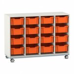 Flexeo Regal PRO, Stahlrahmen, 4 Reihen, 16 Boxen Gr. M weiß mit Boxen orange (Zoom)