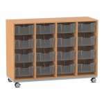 Flexeo Regal PRO, Stahlrahmen, 4 Reihen, 16 Boxen Gr. M Buche dunkel mit Boxen transparent (Zoom)