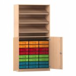 Flexeo Schrank, 3 Schrägablagen, 24 kleine Boxen, 2 Halbtüren Buche hell mit Boxen bunt (Zoom)