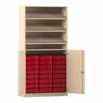 Flexeo Schrank, 3 Schrägablagen, 24 kleine Boxen, 2 Halbtüren Ahorn honig mit Boxen rot (Zoom)