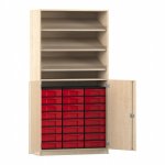Flexeo Schrank, 3 Schrägablagen, 24 kleine Boxen, 2 Halbtüren Ahorn honig mit Boxen rot (Zoom)