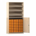 Flexeo Schrank, 3 Schrägablagen, 24 kleine Boxen, 2 Halbtüren Ahorn honig mit Boxen gelb (Zoom)
