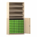 Flexeo Schrank, 3 Schrägablagen, 24 kleine Boxen, 2 Halbtüren Ahorn honig mit Boxen grün (Zoom)
