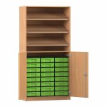 Flexeo Schrank, 3 Schrägablagen, 24 kleine Boxen, 2 Halbtüren Buche dunkel mit Boxen grün (Zoom)